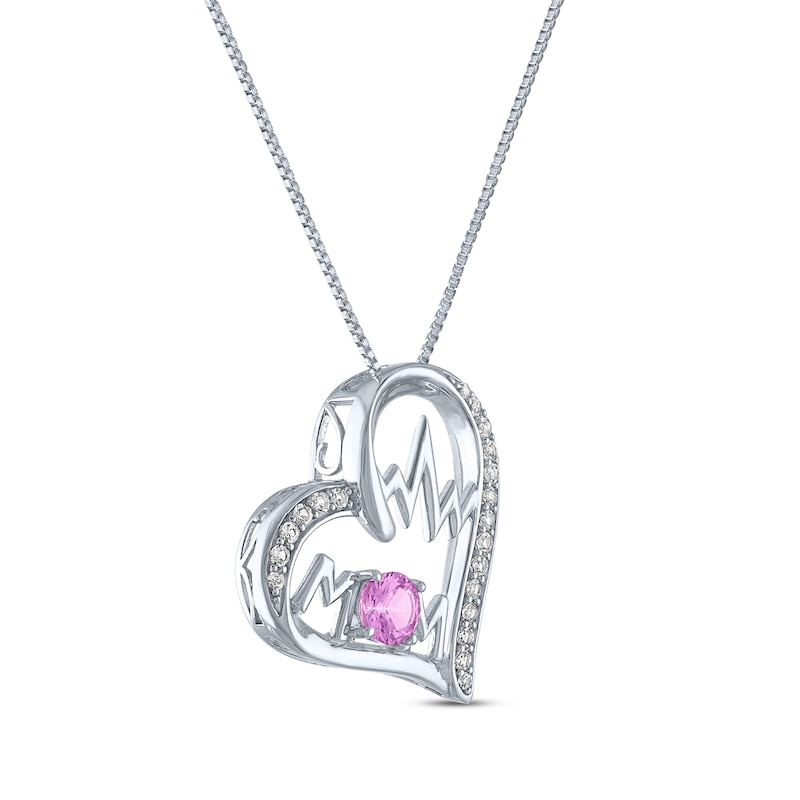 Main Image 2 of Pink & White Lab-Created Sapphire "Mom" Heartbeat Necklace Sterling Silver 18"