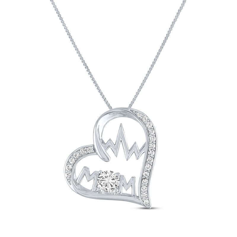 Main Image 1 of White Lab-Created Sapphire "Mom" Heartbeat Necklace Sterling Silver 18"