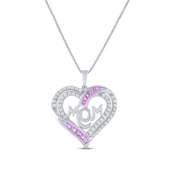 Square-Cut Pink Lab-Created Sapphire & Round-Cut White Lab-Created Sapphire "Mom" Heart Necklace Sterling Silver 18"