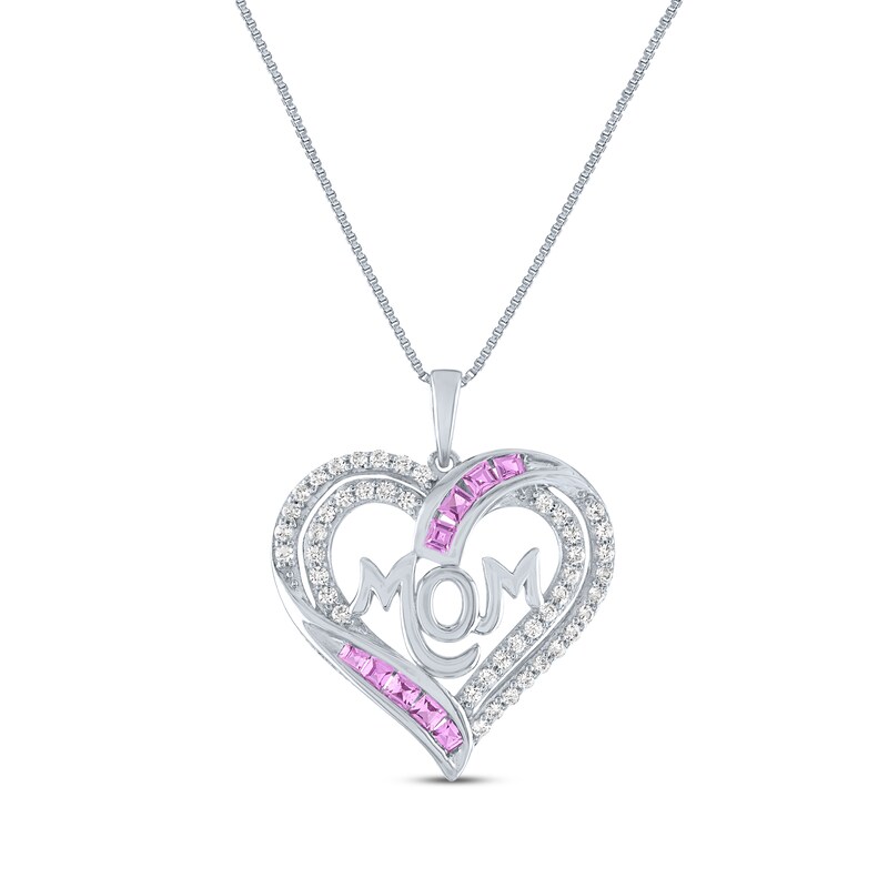 Square-Cut Pink Lab-Created Sapphire & Round-Cut White Lab-Created Sapphire "Mom" Heart Necklace Sterling Silver 18"