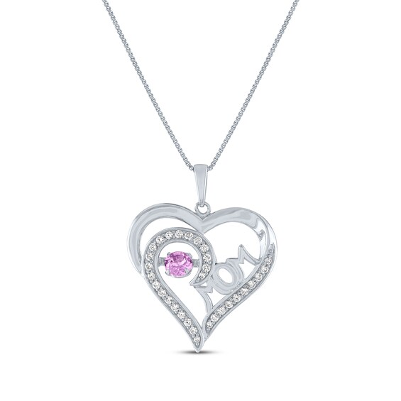 Pink & White Lab-Created Sapphire "Mom" Heart Swirl Necklace Sterling Silver 18"