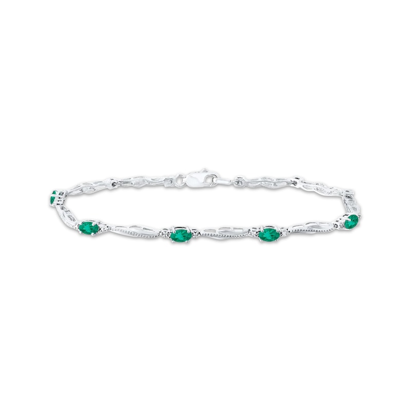 Main Image 1 of Oval-Cut Lab-Created Emerald & Diamond Accent Wavy Link Bracelet Sterling Silver 7.25"