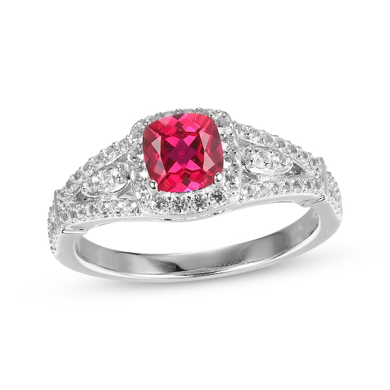 Cushion-Shaped Lab-Created Ruby & White Lab-Created Sapphire Ring Sterling Silver