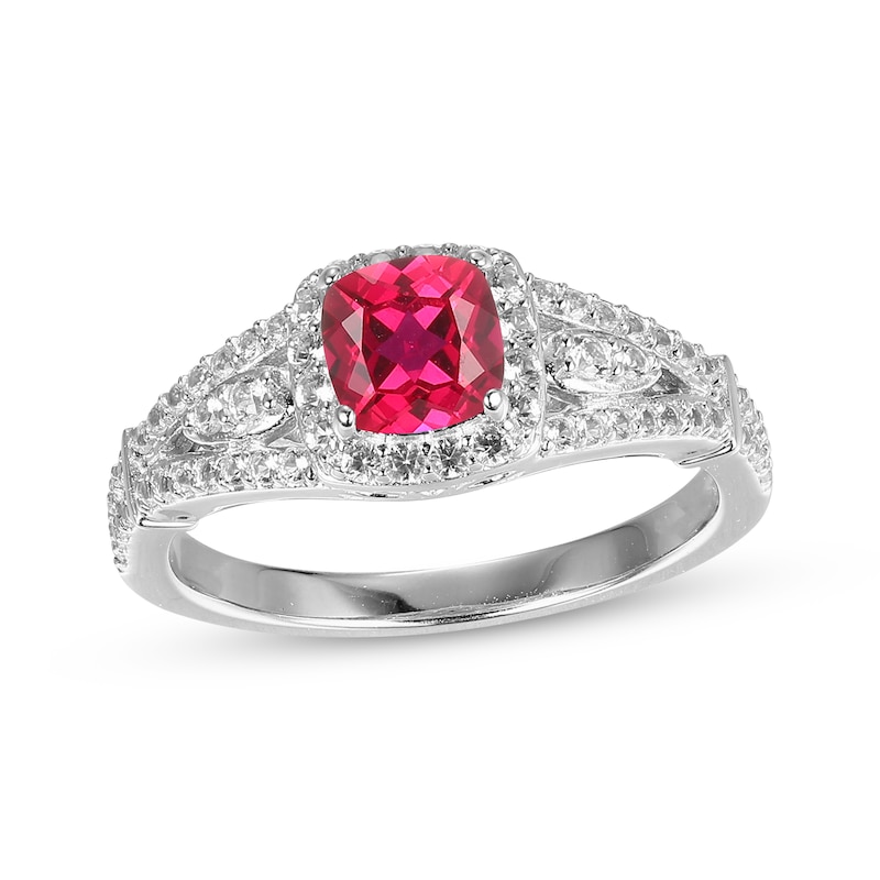 Main Image 1 of Cushion-Shaped Lab-Created Ruby & White Lab-Created Sapphire Ring Sterling Silver