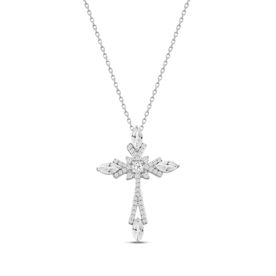 Marquise & Round-Cut White Lab-Created Sapphire Cross Necklace Sterling Silver 18"