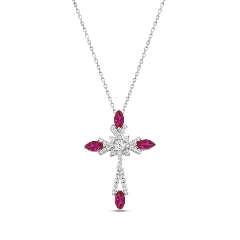 Main Image 1 of Marquise-Cut Lab-Created Ruby & Round-Cut White Lab-Created Sapphire Cross Necklace Sterling Silver 18"