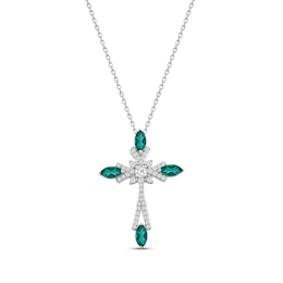 Marquise-Cut Lab-Created Emerald & Round-Cut White Lab-Created Sapphire Cross Necklace Sterling Silver 18"