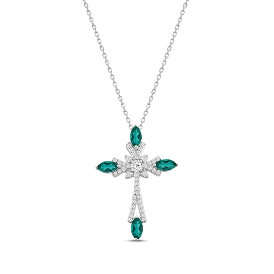 Marquise-Cut Lab-Created Emerald & Round-Cut White Lab-Created Sapphire Cross Necklace Sterling Silver 18"