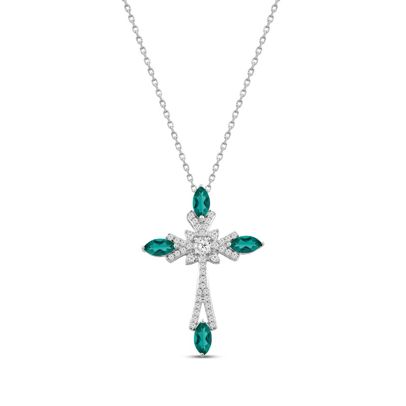 Main Image 1 of Marquise-Cut Lab-Created Emerald & Round-Cut White Lab-Created Sapphire Cross Necklace Sterling Silver 18"