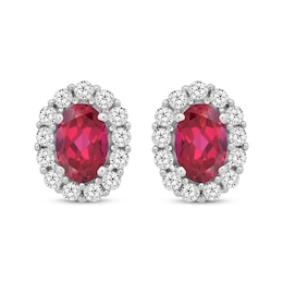 Oval-Cut Lab-Created Ruby & White Lab-Created Sapphire Halo Earrings Sterling Silver