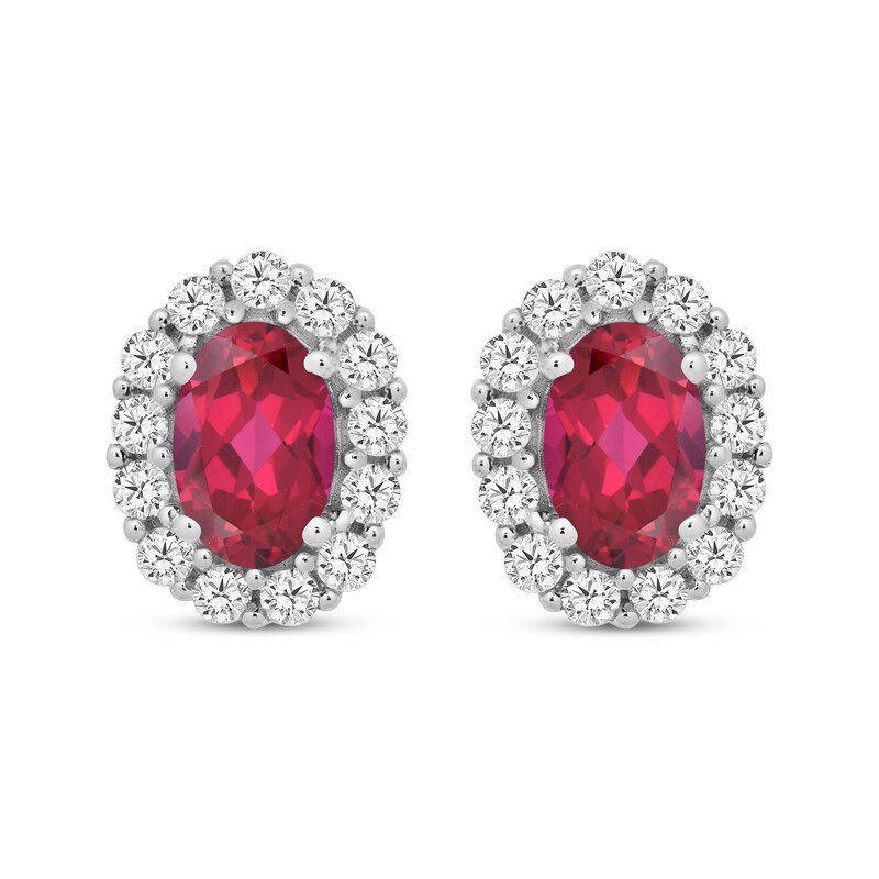 Main Image 1 of Oval-Cut Lab-Created Ruby & White Lab-Created Sapphire Halo Earrings Sterling Silver