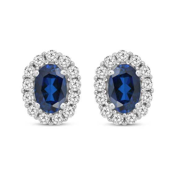 Oval-Cut Blue Lab-Created Sapphire & White Lab-Created Sapphire Halo Earrings Sterling Silver