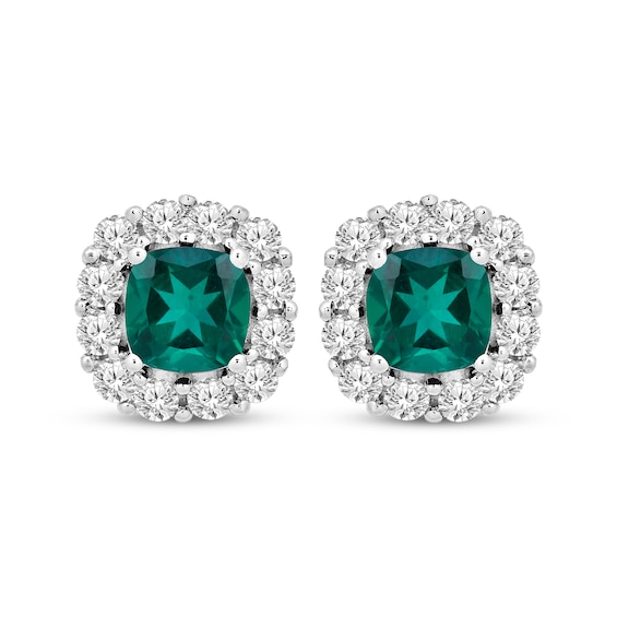 Cushion-Cut Lab-Created Emerald & White Lab-Created Sapphire Frame Earrings Sterling Silver