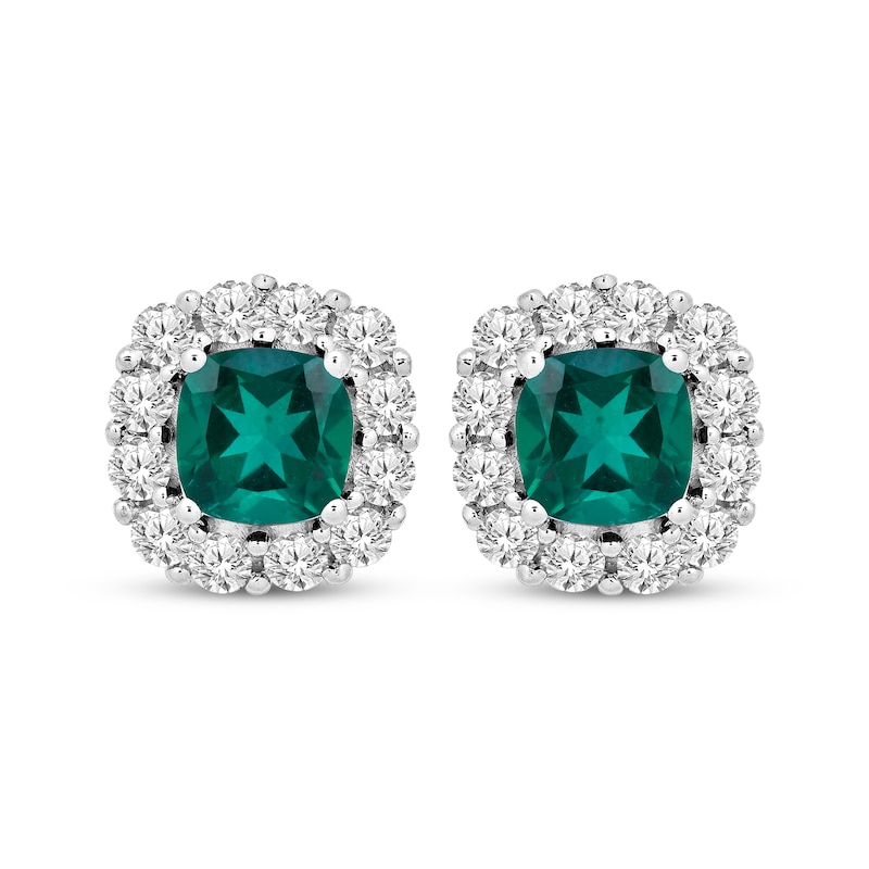 Main Image 1 of Cushion-Cut Lab-Created Emerald & White Lab-Created Sapphire Frame Earrings Sterling Silver