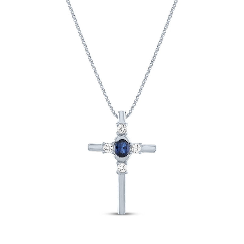 Main Image 1 of Oval-Cut Blue Lab-Created Sapphire & Round-Cut White Lab-Created Sapphire Cross Necklace Sterling Silver 18"