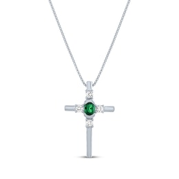 Oval-Cut Lab-Created Emerald & Round-Cut White Lab-Created Sapphire Cross Necklace Sterling Silver 18"