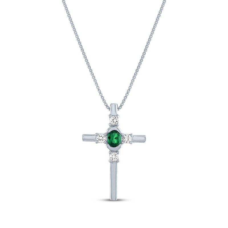 Main Image 1 of Oval-Cut Lab-Created Emerald & Round-Cut White Lab-Created Sapphire Cross Necklace Sterling Silver 18"
