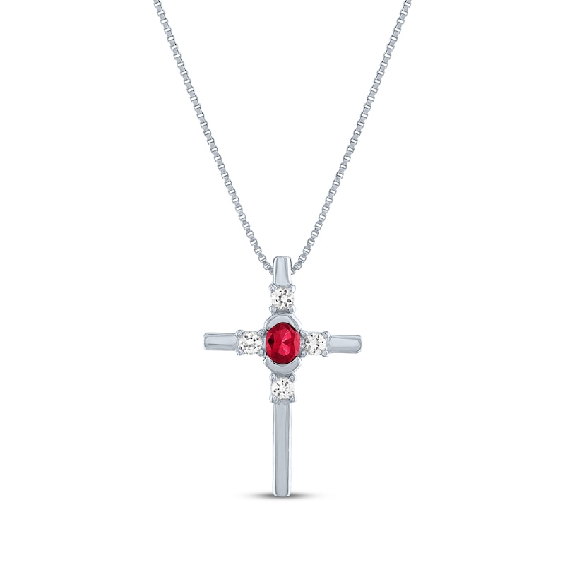 Main Image 1 of Oval-Cut Lab-Created Ruby & Round-Cut White Lab-Created Sapphire Cross Necklace Sterling Silver 18"