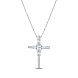 Oval Round-Cut White Lab-Created Sapphire Cross Necklace Sterling Silver 18"