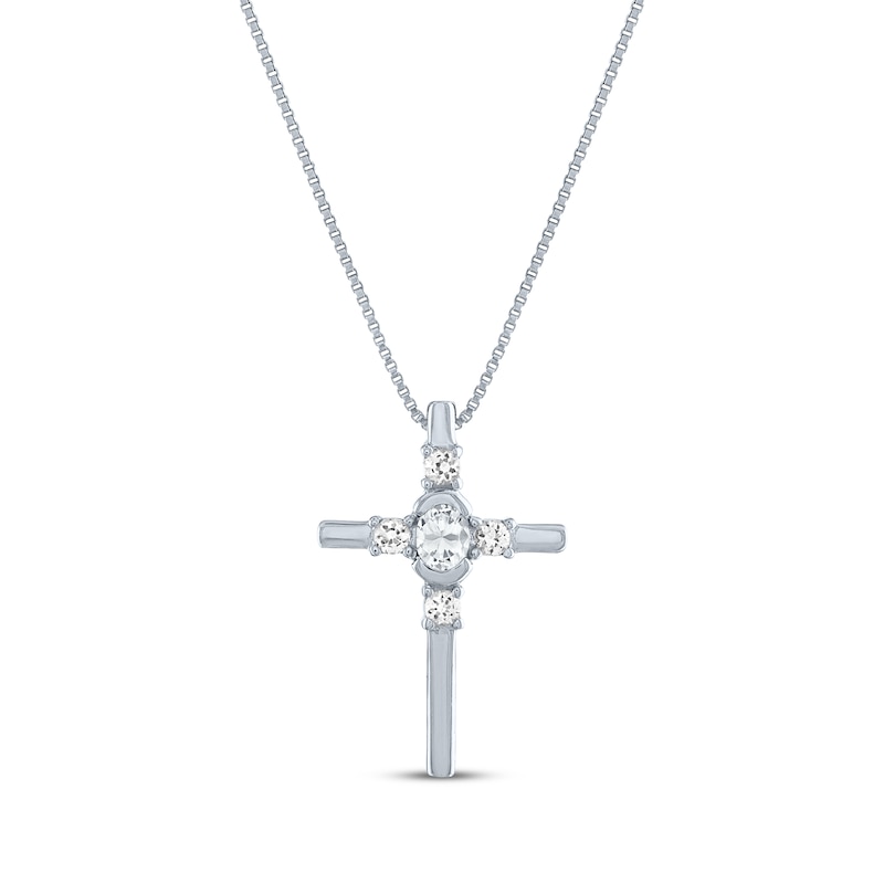 Main Image 1 of Oval Round-Cut White Lab-Created Sapphire Cross Necklace Sterling Silver 18"