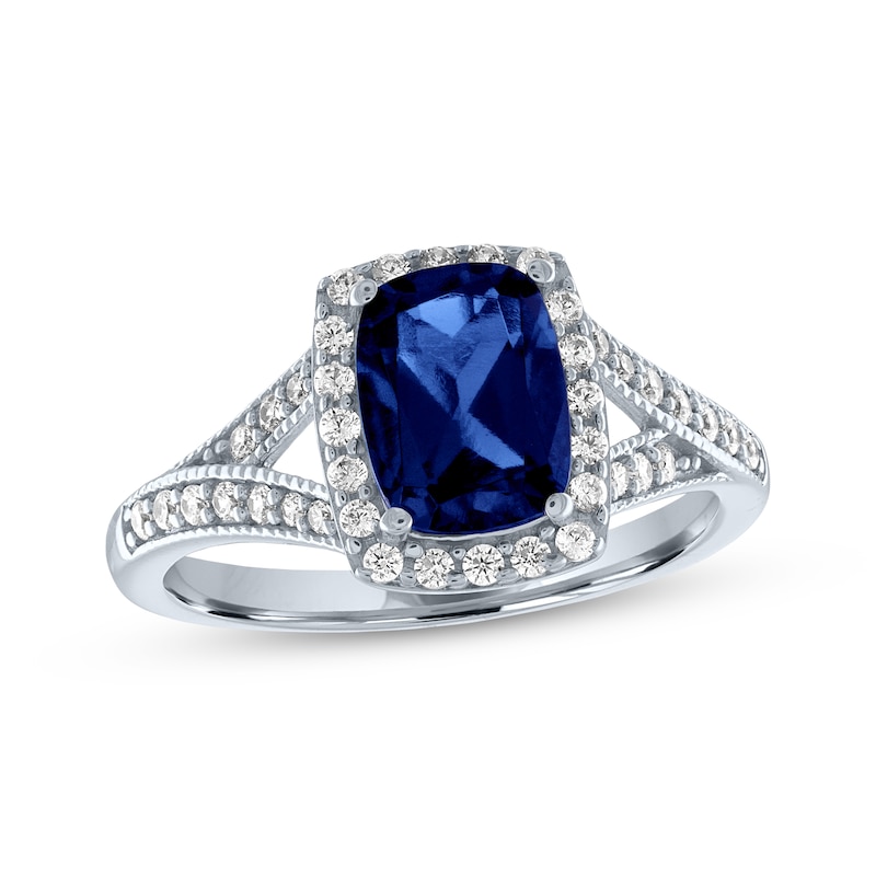 Main Image 1 of Cushion-Cut Blue Lab-Created Sapphire & White Lab-Created Sapphire Ring Sterling Silver