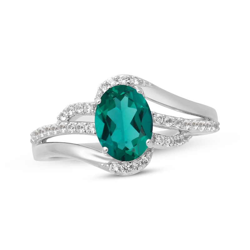 Oval-Cut Lab-Created Emerald & White Lab-Created Sapphire Bypass Ring Sterling Silver