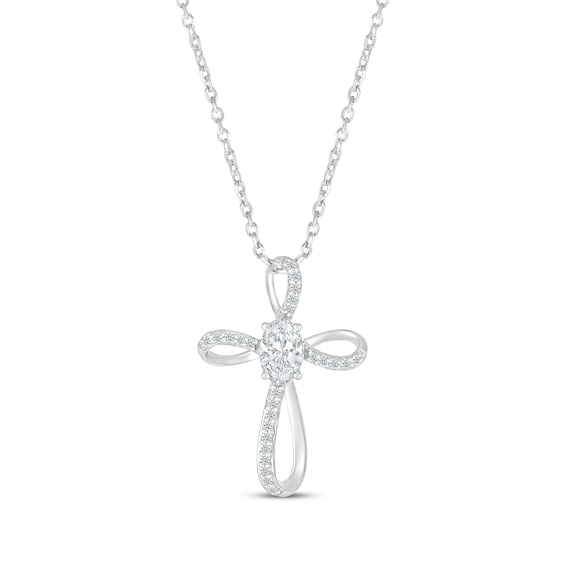 Oval-Cut White Lab-Created Sapphire Looping Cross Necklace Sterling Silver 18"