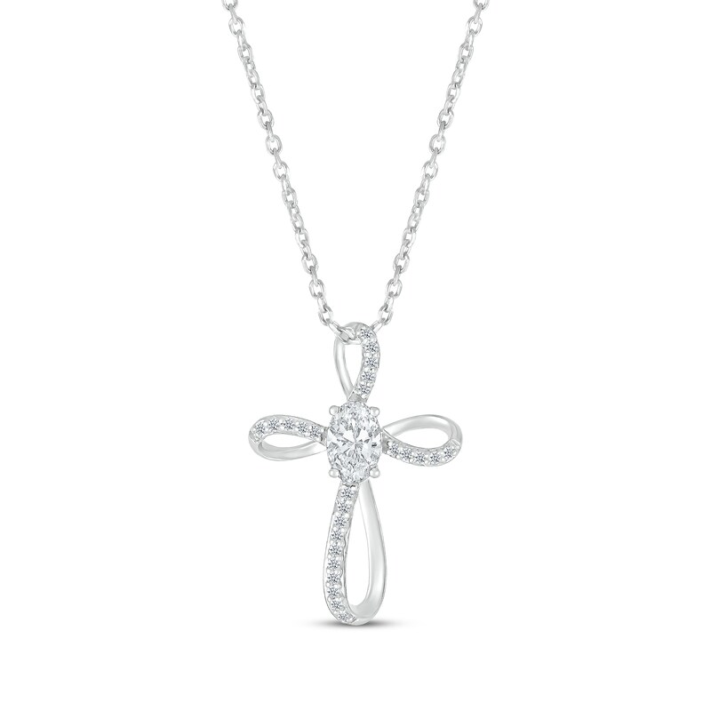 Main Image 1 of Oval-Cut White Lab-Created Sapphire Looping Cross Necklace Sterling Silver 18"