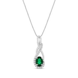 Oval-Cut Lab-Created Emerald & White Lab-Created Sapphire Twist Drop Necklace Sterling Silver 18&quot;