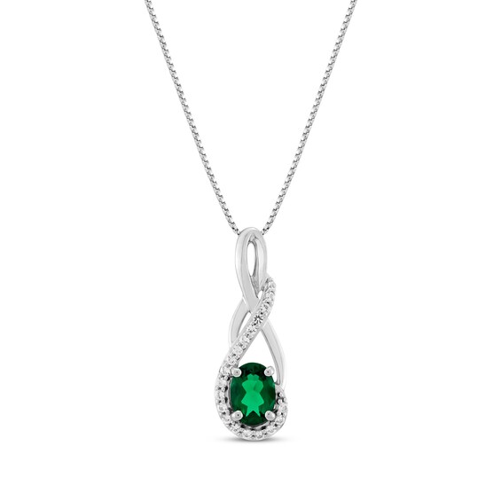 Oval-Cut Lab-Created Emerald & White Lab-Created Sapphire Twist Drop Necklace Sterling Silver 18"