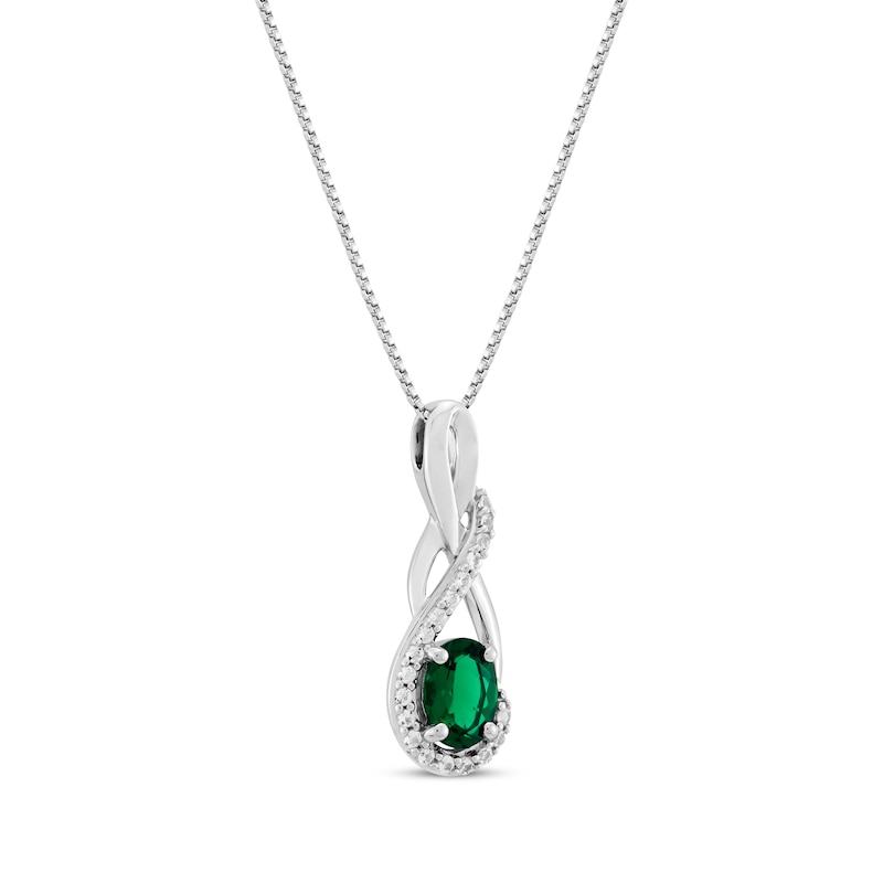 Main Image 2 of Oval-Cut Lab-Created Emerald & White Lab-Created Sapphire Twist Drop Necklace Sterling Silver 18"