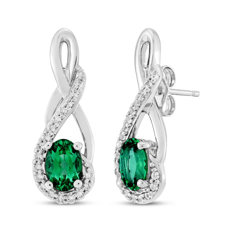 Main Image 1 of Oval-Cut Lab-Created Emerald & White Lab-Created Sapphire Twist Drop Earrings Sterling Silver