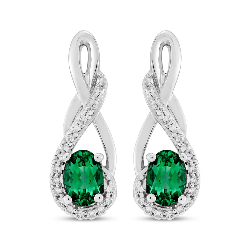 Main Image 2 of Oval-Cut Lab-Created Emerald & White Lab-Created Sapphire Twist Drop Earrings Sterling Silver