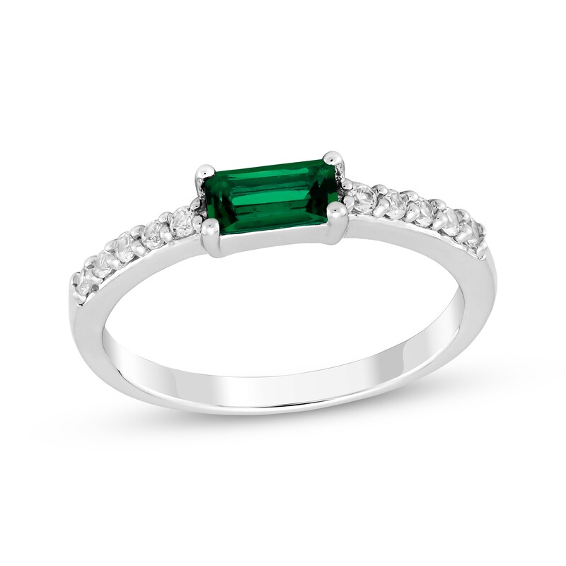 Main Image 1 of Baguette-Cut Lab-Created Emerald & White Lab-Created Sapphire Ring Sterling Silver
