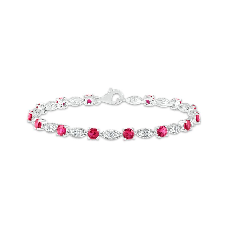 Main Image 1 of Lab-Created Ruby & White Lab-Created Sapphire Milgrain Frame Sterling Silver 7.5"