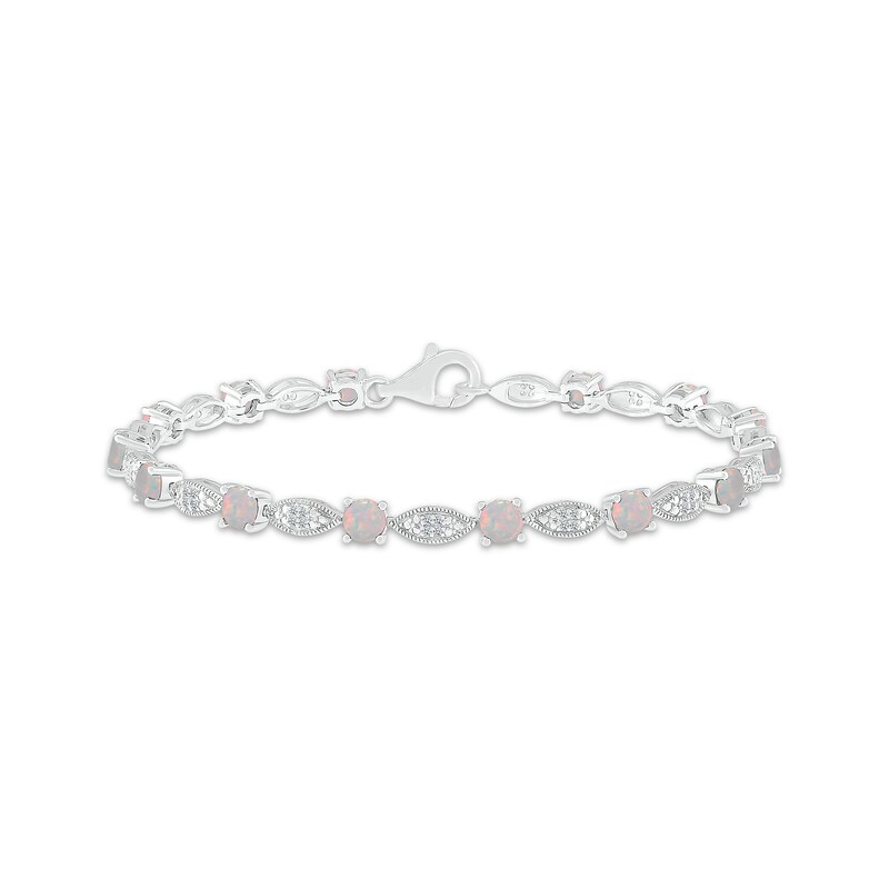 Main Image 1 of Lab-Created Opal & White Lab-Created Sapphire Milgrain Frame Bracelet Sterling Silver 7.5"