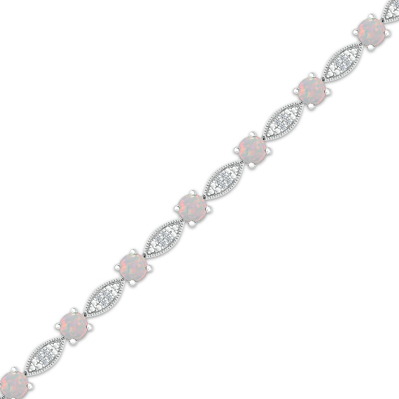 Main Image 2 of Lab-Created Opal & White Lab-Created Sapphire Milgrain Frame Bracelet Sterling Silver 7.5"