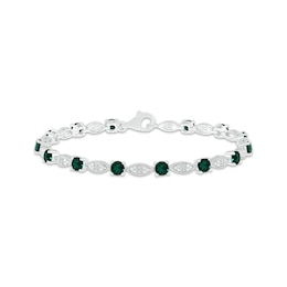 Lab-Created Emerald & White Lab-Created Sapphire Milgrain Frame Bracelet Sterling Silver 7.5&quot;