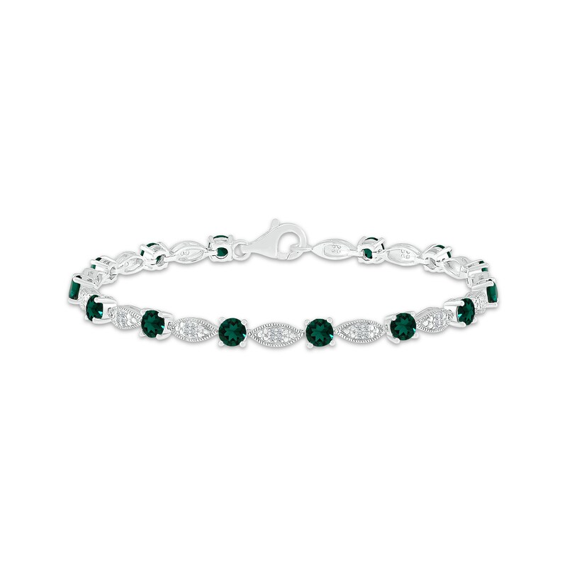 Lab-Created Emerald & White Lab-Created Sapphire Milgrain Frame Bracelet Sterling Silver 7.5"