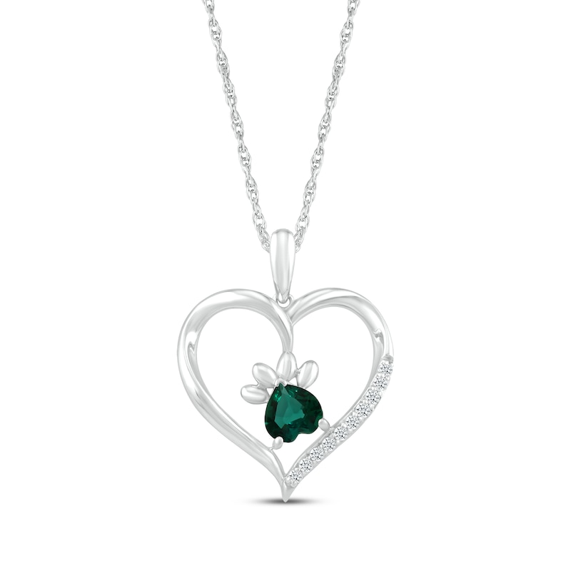 Main Image 1 of Heart-Shaped Lab-Created Emerald & White Lab-Created Sapphire Paw Print Necklace Sterling Silver 18"