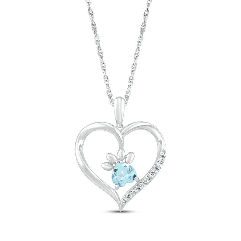 Main Image 1 of Heart-Shaped Aquamarine & White Lab-Created Sapphire Paw Print Necklace Sterling Silver 18"