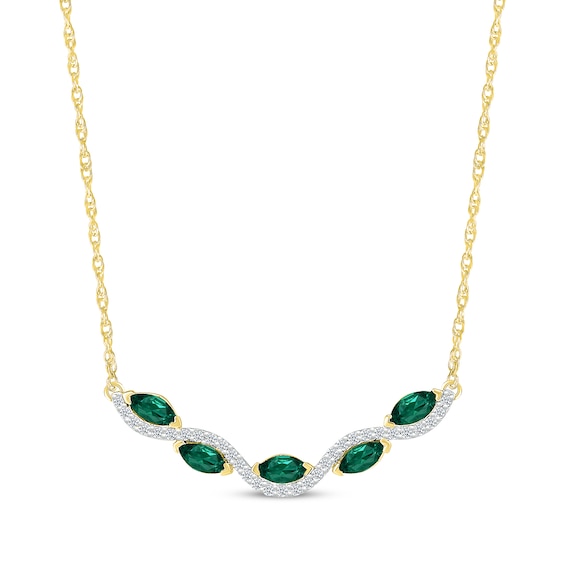 Marquise-Cut Lab-Created Emerald & Diamond Smile Necklace 1/5 ct tw 10K Yellow Gold 18"