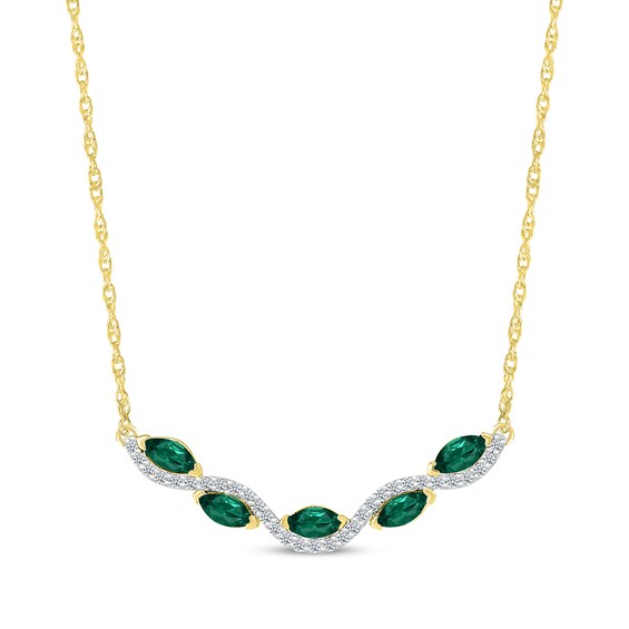 Marquise-Cut Lab-Created Emerald & Diamond Smile Necklace 1/5 ct tw 10K Yellow Gold 18"