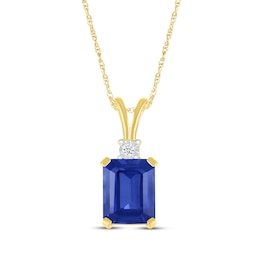 Emerald-Cut Blue Lab-Created Sapphire & Diamond Accent Necklace 10K Yellow Gold 18"