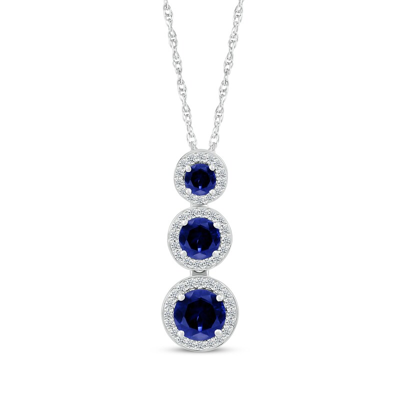 Main Image 1 of Blue Lab-Created Sapphire & Diamond Vertical Stack Necklace 1/8 ct tw Sterling Silver 18"