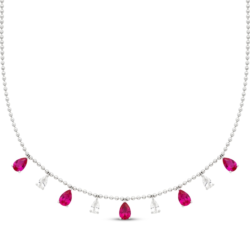 Main Image 1 of Pear-Shaped Lab-Created Ruby & White Lab-Created Sapphire Dangles Necklace Sterling Silver 18"
