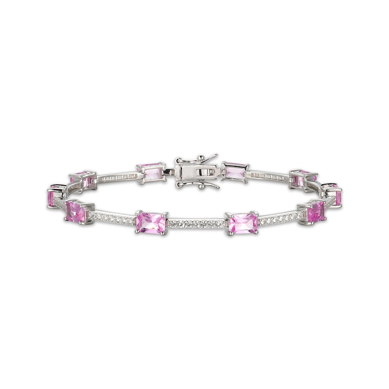 Main Image 1 of Emerald-Cut Pink Lab-Created Sapphire & White Lab-Created Sapphire Link Bracelet Sterling Silver 7.25"