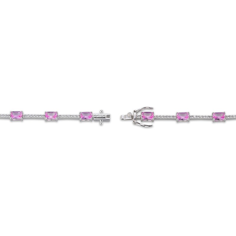 Main Image 3 of Emerald-Cut Pink Lab-Created Sapphire & White Lab-Created Sapphire Link Bracelet Sterling Silver 7.25"
