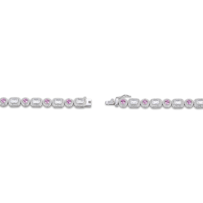 Main Image 3 of Emerald-Cut White Lab-Created Sapphire & Round-Cut Pink Lab-Created Sapphire Bracelet Sterling Silver 7.25"