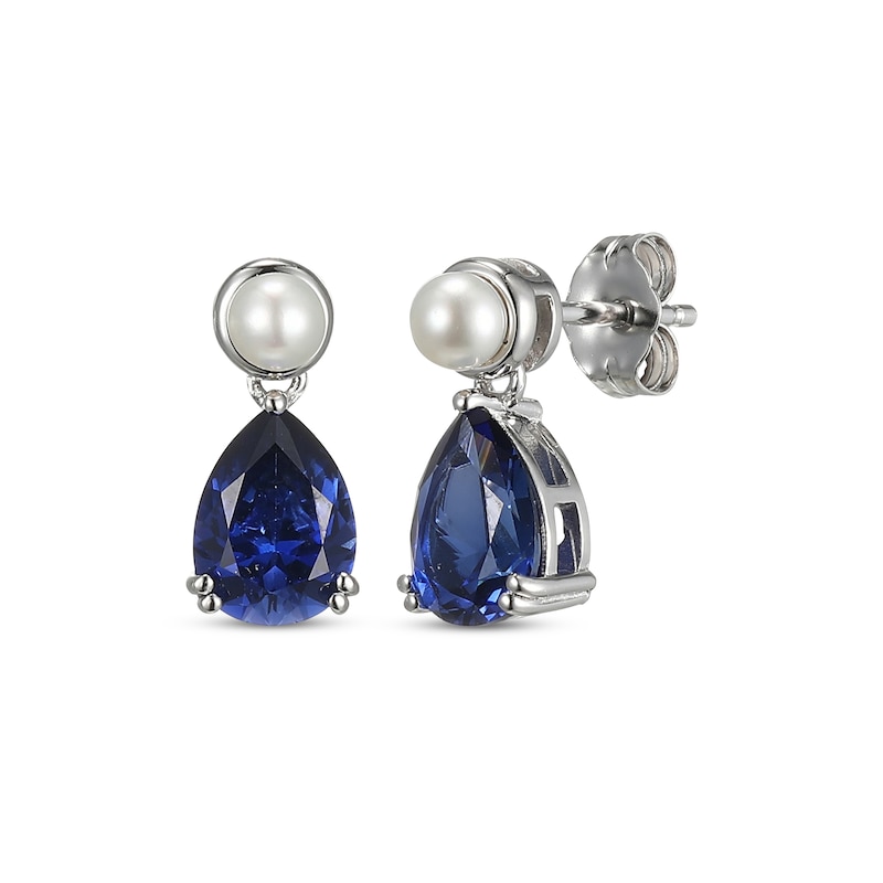 Pear-Shaped Blue Lab-Created Sapphire & Cultured Pearl Drop Earrings Sterling Silver